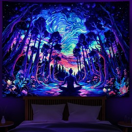 Heopapin Blacklight Psychedelic Forest Meditation Tapestry UV Reactive Cosmic Galaxy Starry Sky Wall Art Tapestry Trippy Yoga Spiritual Chakra Wall Hanging Tapestries for Home Decor 59.1L x 51.2W