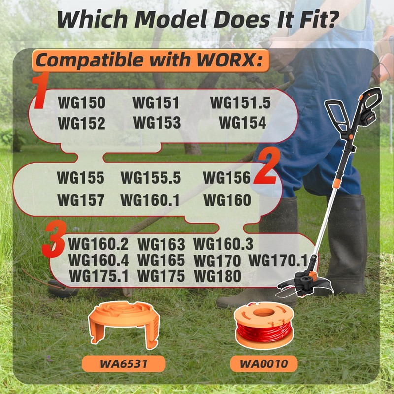 6 Pcs WA0010 Replacement Trimmer Spool for Worx, 0.065 Inch