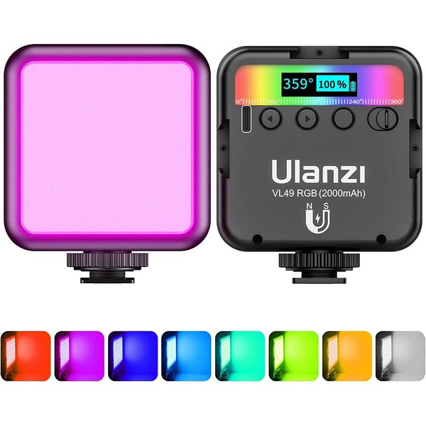 ULANZI RGB Video Lights VL49, LED Camera Light 360° Full Color Portable Photography Lighting w 3 Cold Shoe, 2000mAh Rechargeable CRI 95+ 2500-9000K Dimmable Panel Lamp Support Magnetic Attraction