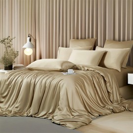 Boqingzhu Bamboo Bed Linen 135 x 200 cm Gold Khaki Plain Single Bed Luxury Lyocell Silk Bed Linen Set Duvet Cover with Zip and Pillowcase 80 x 80 cm