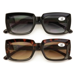 V.W.E. 2 Pairs Women Outdoor Reading Sunglasses Rectangular Full Lens Readers Gradient UV Protection (1 Black 1 Tortoise, 2.00, x)