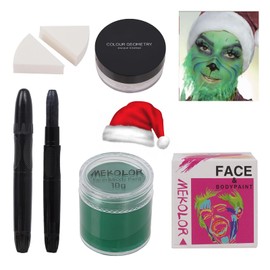 6Pcs Christmas Cosplay Makeup Kit,Highly Pigmented Christmas Face Paint,Green Face Makeup,Green Face Paint,Green Face Piant+Sponges+Setting Powder+Black Face Paint Stick+Santa Hat