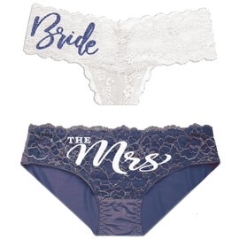 RhinestoneSash Something Blue Gift for Bride - SET OF 2: Navy Glam Bride White Lace Thong & White Chic The Mrs Blue Lace Front Bikini Panty - Bride Panties - Medium - Panty Set(NvyBrdWtTh TheMrsBluLFBk)Md