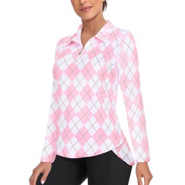Tanst Sky Golf Shirts for Women, Ladies Loose Fit Long Sleeve Golf Polo Outfits Dry Fit V Neck Athletic Gym Workout Tops Lightweight Quarter Zip Pullover Pink Plaid 2XL