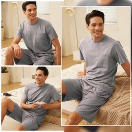 BAMBOO COOL Mens Pajama Set Summer Pjs Sleepwear Short Sleeve Shirts Soft Lightweight Sleep Sets with Pockets, Grey, XL