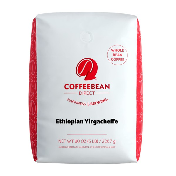 Coffee Bean Direct Ethiopian Yirgacheffe, Whole Bean Coffee, 5-Pound Bag