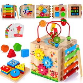 HELLOWOOD 8-in-1 Wooden Activity Cube for Kids, Sorting & Stacking Toys Shape Match Xylophone Montessori Learning Toy STEM Value Pack Gift for Boys Girls Toddlers-Light Pink Packaging