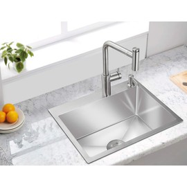 ROVATE 21.6-inch Drop-in Topmount Kitchen Sink, 304 Stainless Steel Kitchen Sink Single Bowl, Handmade Bar Sinks Overmount