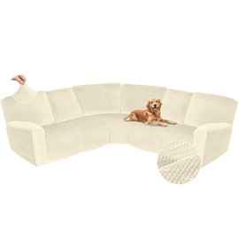 Arfntevss Sectional Recliner Couch Covers Velvet Corner Sectional Sofa Cover for Reclining Couch Stretch Soft L Shape Recliner Slipcover Thick U Shaped Washable Protector (5 Seat Cover, Beige)