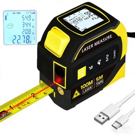 GladJoJoY 4-in-1 Laser Tape Measure 328FT, Digital Laser Distance Meter,16FT Steel Tape, Dual-Axis Electronic Angle & Crosshair Level,Area/Volume/Pythagorean,LCD Rechargeable Measuring Tool(Yellow)