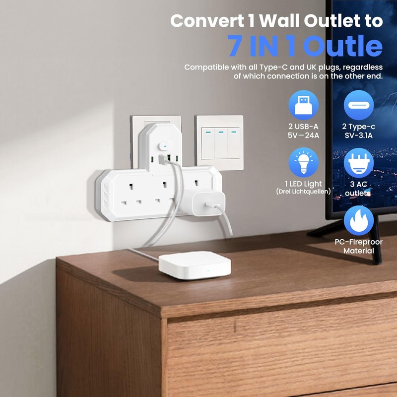 Multi Plug Adapter with USB C, 3 Way Plug Adaptor