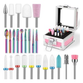 Babeefly 25pz Puntas Para Drill 20 Círculos De Arena Brocas De Uñas Con Caja Portabrocas Taladros Expositor De Brocas Para Manicura De Uñas En Casa Puntas Para Pulidores Drill Limpiador Cutículas Tala