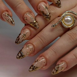 24Pcs Gold French Tip Press on Nails Short Almond Fake Nails with 3D Irregular Gold Chrome Design Full Cover Glue on Nails Glossy Star False Nails Stick on Nails for Women Nail Decoration Kits