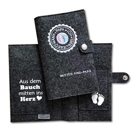 Maternity Log Cover Made of 100% Wool Felt, Mama + Papa = I, with Extra Inner Compartments and Closure, charcoal, Austria Deluxe