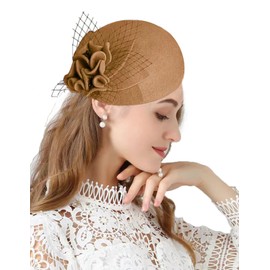 ORIDOOR British Style Pillbox Hat Women Church Wedding Winter Vintage Fascinator Beret 100% Wool Felt Hat with Veil 03a Khaki