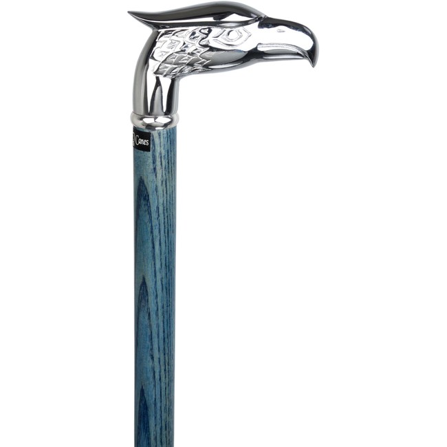 Blue Chrome Plated Eagle Head Handle Walking Cane with Denim Blue Ash Wood Shaft & Silver Collar