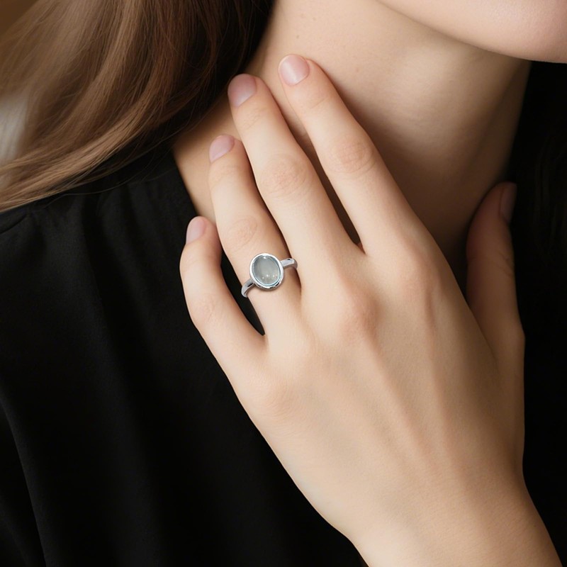 Weviway Silver Plated Aquamarine Ring with Oval Shape, Light Blue,