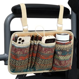 FADOVYE Wheelchair Side Bag with Cup Holder, Wheelchair Armrest Accessories Pouch with Pen Slot and Reflective Strips for Power Wheelchairs, Walkers, Rollators, Seniors (Bohemian)
