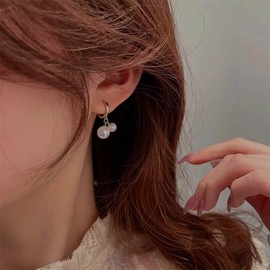 Aneneiceera Pearl Drop Earrings Gold Huggie Pearl Earrings Tiny Cherry Pearl Dangle Earrings Bell Faux Pearl Drop Earrings Statement Bridal Pearl Earrings Jewellery for Women and Girls