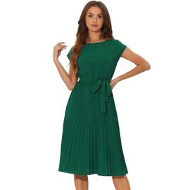 Allegra K Women's Pleated Dress Crew Neck Cap Sleeve Tie Waist A-Line Dresses Small Green