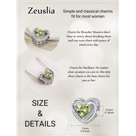 Zeuslia August Birthstone Charms for Bracelets Sterling Silver Charms for Bracelets Love Heart Bead Charms for Charm Bracelets Necklace Peridot Birthday Charm Gifts for Women