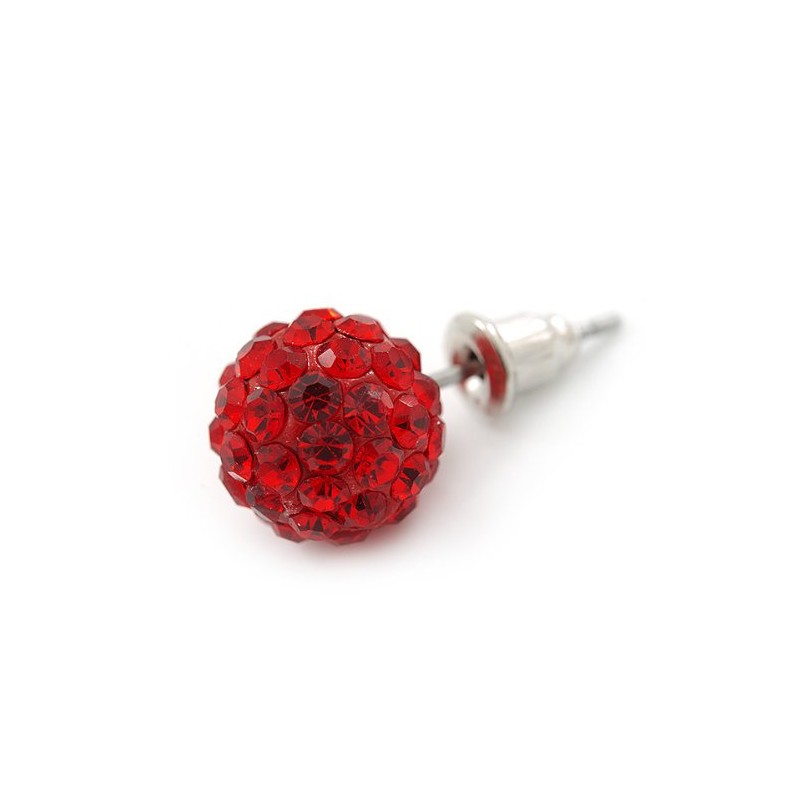 10mm Red Crystal Ball Stud Earrings In Silver Tone