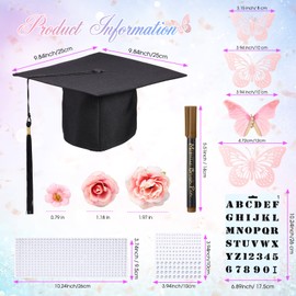 Lyrow 51 Pcs Graduation Cap Decorations Kits Included 1 Grad Cap 4 Pens 16 Faux Flower 4 Letter Number Stencils 5 Rhinestones Stickers 13 3D Butterfly for Adult Graduation Hat Topper DIY(Pink)