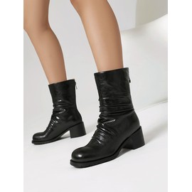 XIANGZU Mid Calf Boot for Women Low Chunky Block Heel Boots Round Toe Slouch Boots (8, Black)
