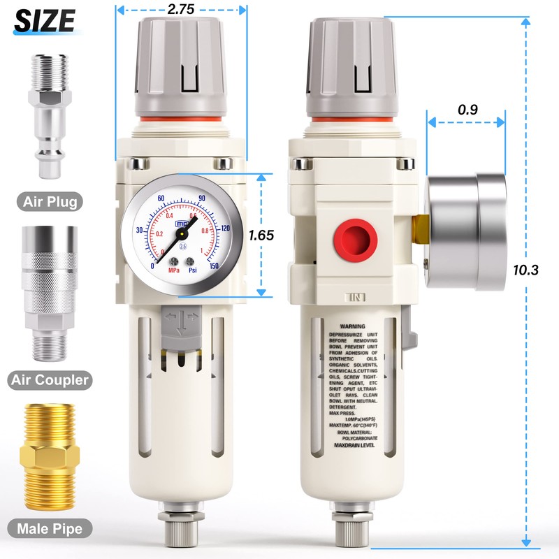 TAILONZ PNEUMATIC 1/2 Inch NPT White Air Filter Pressure Regulator
