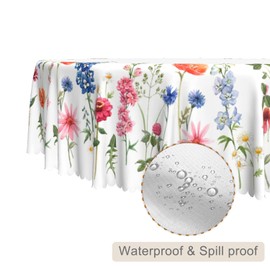 TTQYFNM Spring Summer Wild Flowers Round Tablecloth 54 Inch Pink Blue Flowers Green Plant Decorative Table Cloth Waterproof and Stain Resistant Table Cover for Kitchen Dining Room Picnic Home Decor