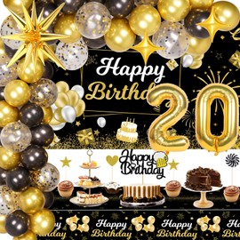 Miidenks 20th Birthday Decorations for Men, 20 Birthday Decorations Include Black and Gold Backdrop Banner, Tablecloth, Gold 20 Number Balloons, Explosion Star Balloons
