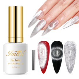 Imtiti Silver Cat Eye Gel Nail Polish, 15ML Silver Holographic Glitter Cat Eye Gel Polish with Magnet UV LED Magnetic Gel Nail Polish Clear Galaxy Sparkly Home DIY Manicure Nail Kit