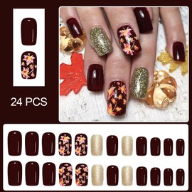 Fall Press on Nails Medium Square Fake Nails Autumn Ombre Maple Leaf False Nails Gold Glitter Stick on Nail Wine Red Glossy Full Cover Artificial Acrylic Nails Glue on Nail for Women 24Pcs