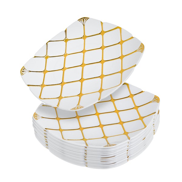 STACKABLES 20 Pack Square Plates White Plate with Gold Design Multi-Use Hard Plastic Reusable Dinnerware Appetizer Salad & Dinner Plates (7" Plates)