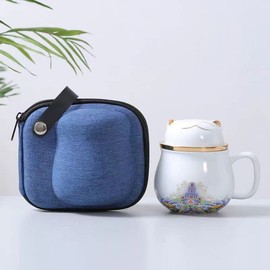 Portable Ceramic Tea Cup Set, Lucky Cat Ceramic Teapot Set With Handle, Tea Strainer, Lid And 1 Shockproof Storage Box For Travel, Outdoor And Office. (white)