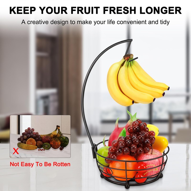 Livabber Countertop Fruit Basket Bowl with Banana Hanger, Modern Standing