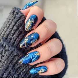 RUOKEXIN Blue Almond Press on Nails Medium Fake Nails Gold Glitter False Nails with Blue Ombre Designs Full Cover Glue on Nails Sparkly Artificial Nails Cute Stick on Nails for Women 24Pcs