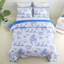 Heymybed Blue Quilt Set King Size, Botanical Bedspread Coverlet Set, 3 Pieces Lightweight Soft Microfiber Reversible Toile Plants Pattern Quilt Bedding Set for All Season 106"×92"