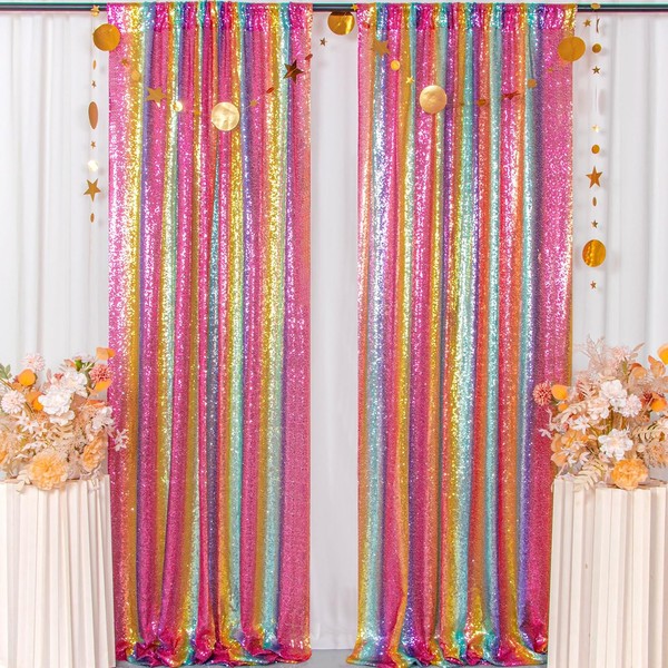 ShiDianYi Rainbow Backdrop Curtains 4FTX10FT Sequin Backdrops 2 Panels Colorful