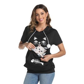 YYW Cat Pouch Hoodie Short Sleeve Puppy Kitten Pet Holder Carrier Hoodies Unisex Summer(Pattern B-Black, L)