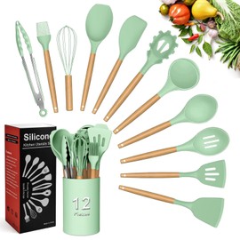 Utensilios de Cocina de Silicona, 12 Piezas Juego de Cucharas para Cocinar Resistente al Calor y Antiadherente Herramientas, Cucharas de Silicona para Cocinar y Hornear para Cocina Verde claro