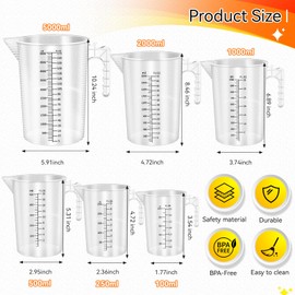 Xuhal 6 Pieces Plastic Measuring Pitcher Measuring Cup 6 Sizes Mixing Pitcher Measuring Bottle Measure Containers Measuring Jug with Handle and Spout for Water, Flour, Rice, Coffee, Wine, Milk, Sugar