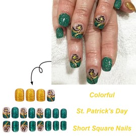 St Patrick Press on Nails Short Square Fake Nails Green Gold False Nails with Designs Gold Lucky Clover Full Cover Stick on Nails Glue on Nails St. Patrick's Day Acrylic Nails for Women Girls 24 Pcs