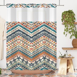 Yanutan No Hook Shower Curtain,Orange Bohemian Double-Layered Shower Curtain with Snap-in Liner and Weights,Colorful Stripe Boho Fabric Bath Curtain with See Through Mesh, 71x74in