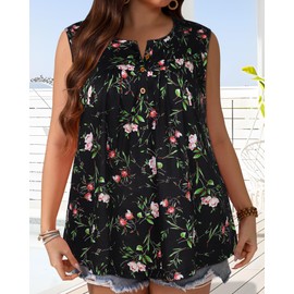 Womens Plus Size Tops Summer Tank Top Loose Fit Sleeveless Shirts Button Oversized Tees Flowy Blouse(Black Flower Print,3XL)