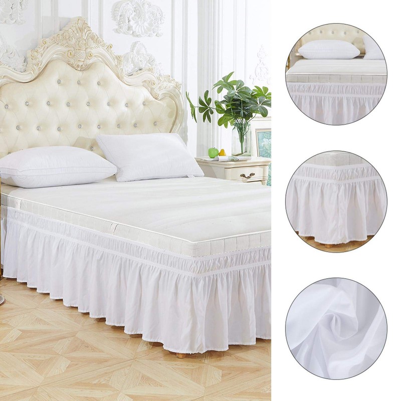 White Elastic Bed Skirt Ruffle, Polyester Easy Fit Spread Cover