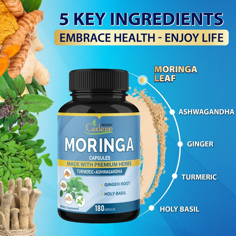 Cadane Moringa Extract Capsules, 6 Months Supply with Ashwagandha Root,