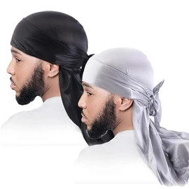 2PCS/LOT Unisex Men Women Satin Breathable Silky Durag Long Tail Doo Rag Pirate Hat Headband Turban Bandana Durag Headwear - Color: Black royal blue, Size: One Size