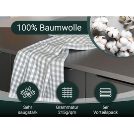 ZOLLNER Set of 5 Cotton Tea Towels in 50 x 70 cm – Absorbent Kitchen Towels in Grey Checked – Washable up to 60 °C – Catering Quality – Oeko Tex Certified