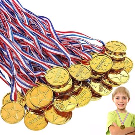 Toumett 30 Pcs Medals for Children,Kids Gold Plastic Winner Medals Award,with Neck Ribbons,Football Medals for Kids,Party Favours for Kids for School Sport Day Party Game Prizes